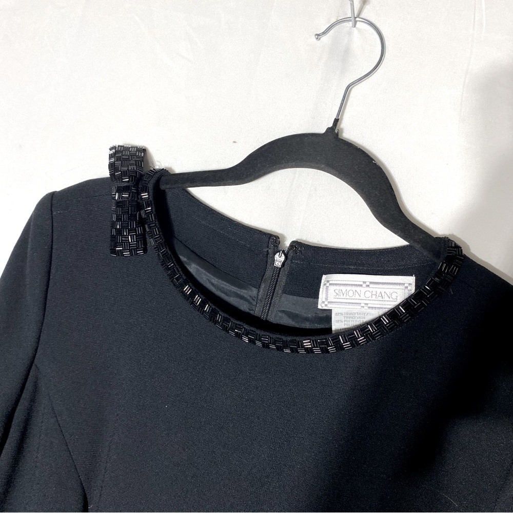 Vintage Simon Chang Black Long Sleeve Midi Dress With Slit And beaded Trim 8 - Picture 6 of 16